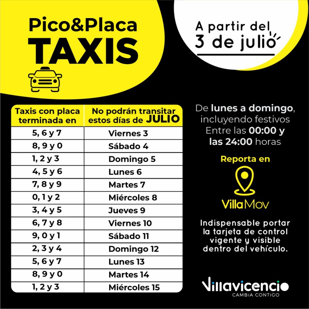 Modifican el pico y placa para taxis en Villavicencio